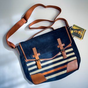 NWT Ninja Girl Obsidian Canvas & Leather Black Cream Brown Stripe Messenger Bag